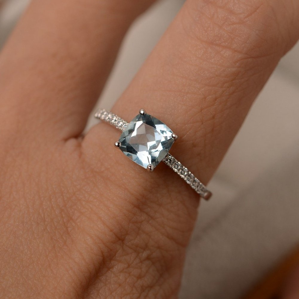 925 Silver Aquamarine Diamond Cushion Cut Ring - Picture 3 of 4